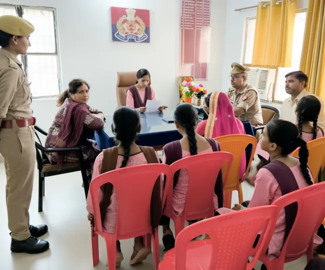 थाना प्रभारी बनकर लोगों की समस्याएं सुनती छात्रा। जागरण